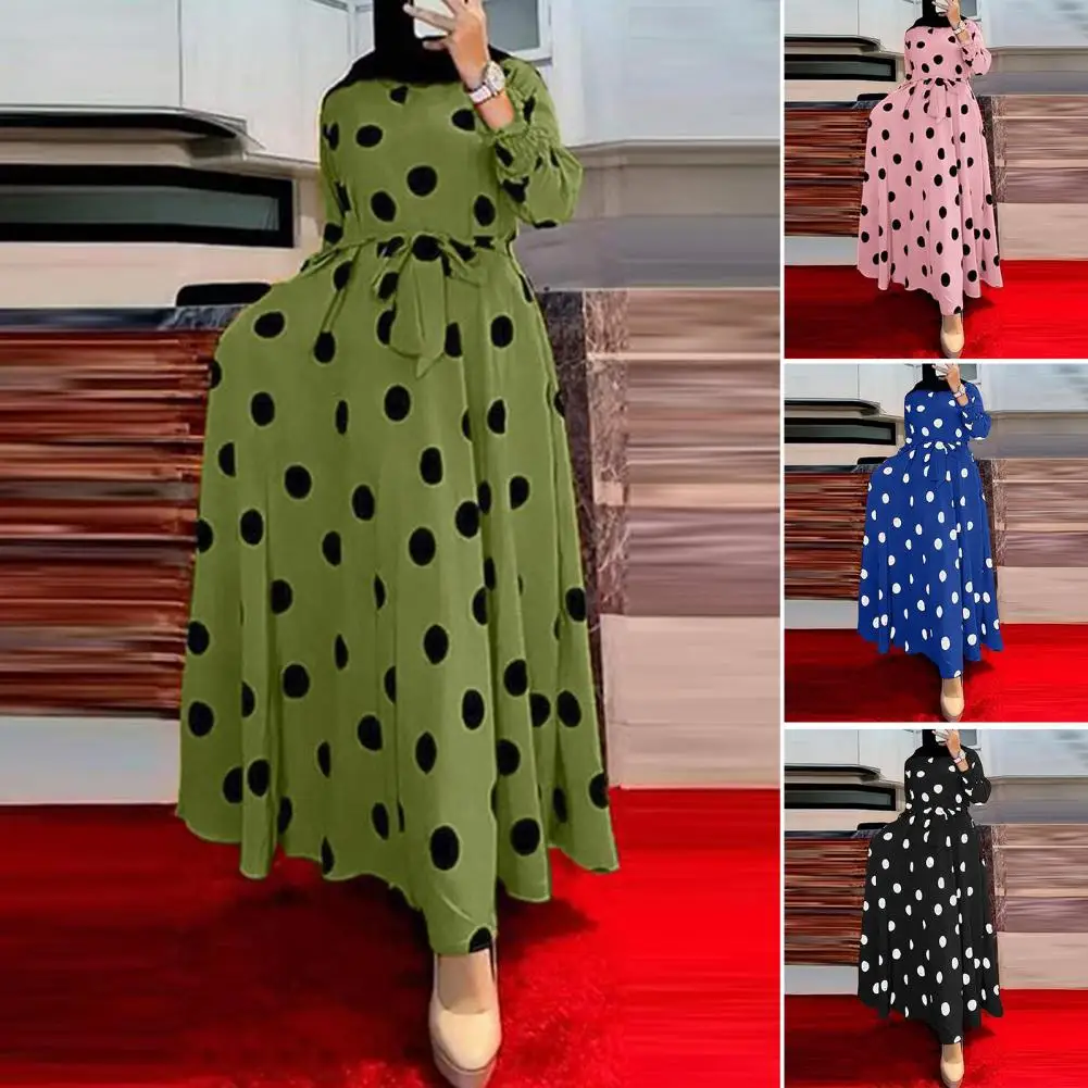 

Fall Spring Women Dress Color Matching Dot Print O Neck Long Sleeve Belted Tight High Waist A-line Loose Hem Ankle Length Retro