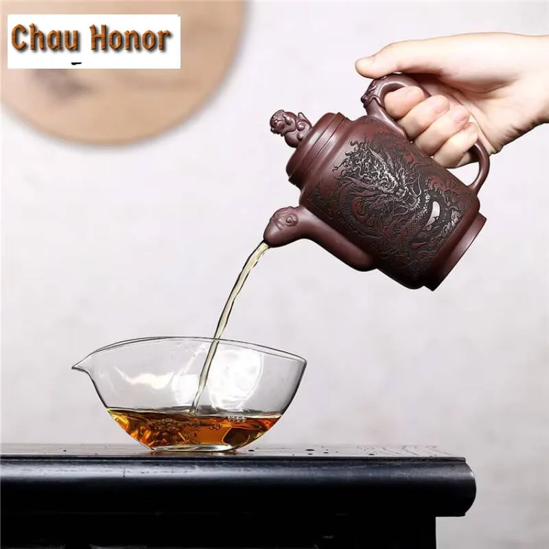 320ml Traditional Yixing Purple Clay Teapots Handmade Sculpture Dragon Pot Raw Ore Mud Infuser Kettle Zisha Tea Set Accessories