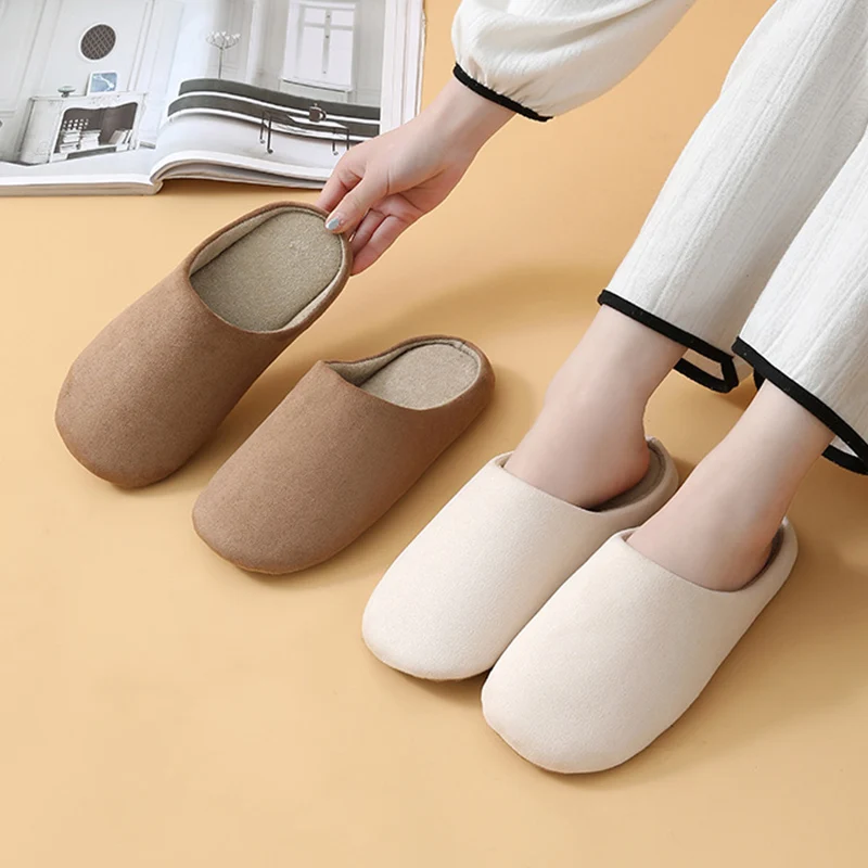 Soft Sole Home Cotton Slippers Women Concise Round Toe Indoor Flat Heel House Slippers Woman Comfortable Lightweight Slides Lady