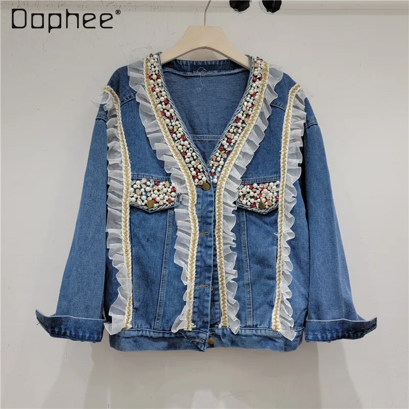 

Heavy Industry Colorful Crystals Lacework Stitching Long Sleeve Jackets for Women 2024 Spring New Loose Fashion Denim Jacket