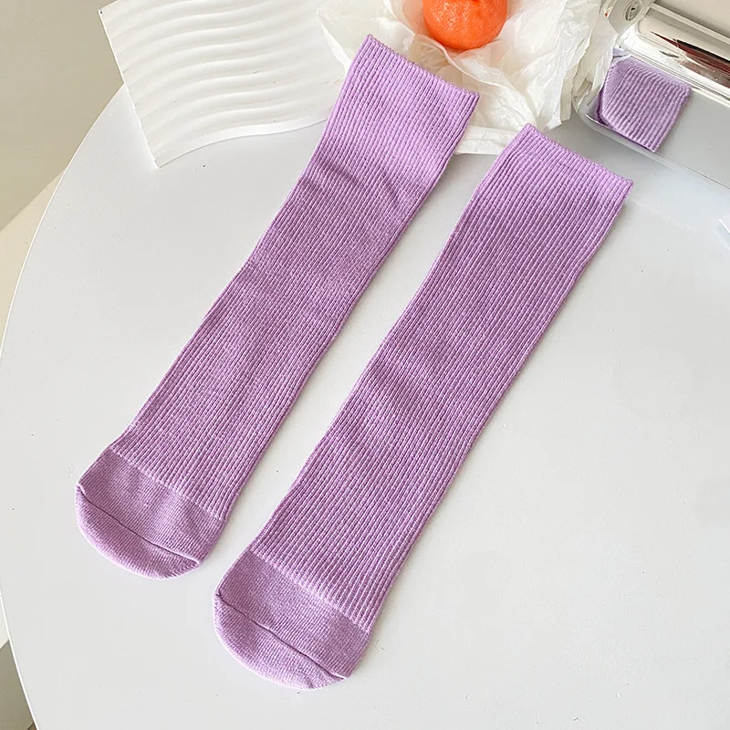 Kids Candy Color Knit Stockings Solid Color Stripe Breathable Cotton Knee High Socks for Girls Middle Tube Socks Free Size 30cm