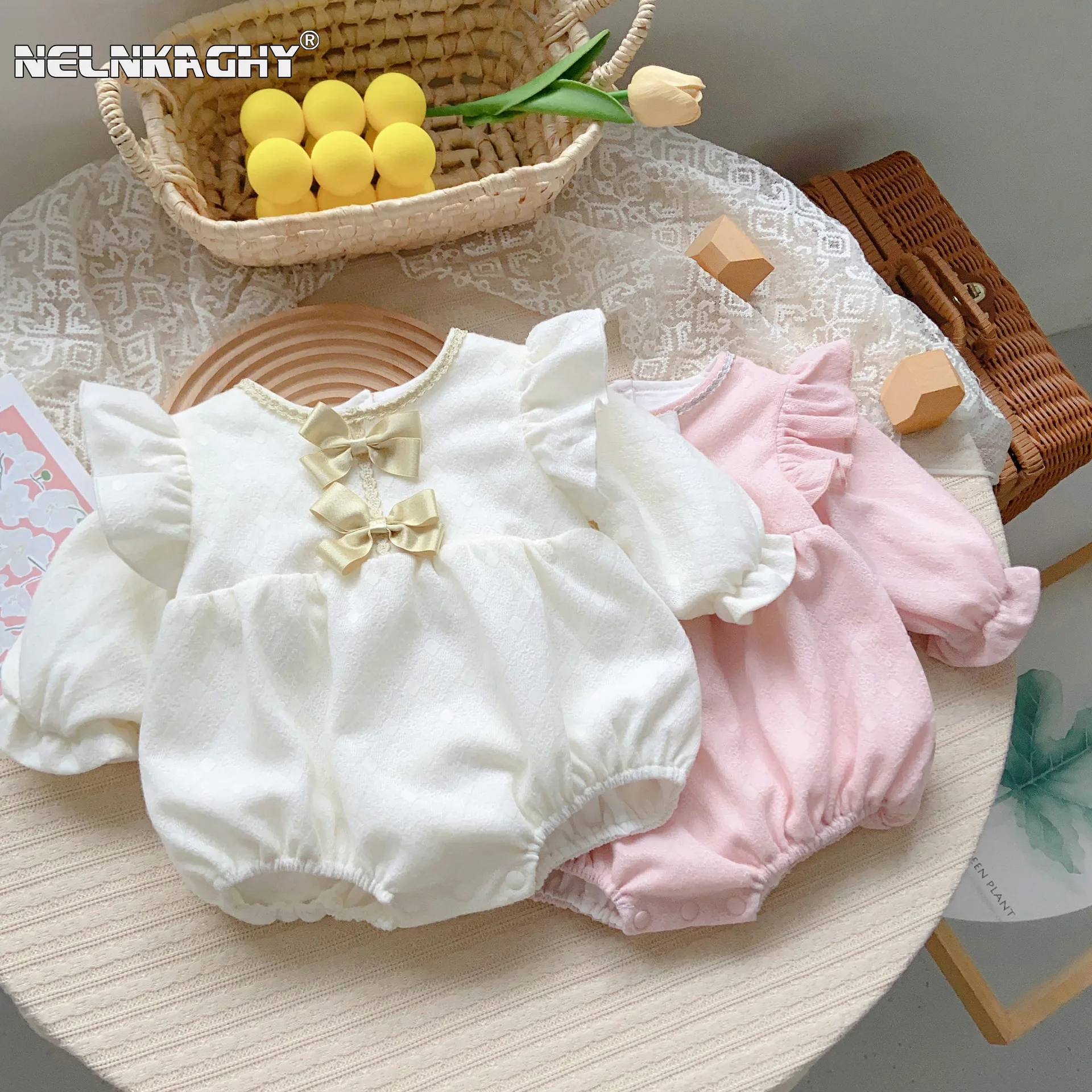 2023 New In Korean Style Baby Girl Spring/Autumn Bodysuits Long Sleeve Outfit Bow Knot - Cute One-Piece Overalls for Outdoor