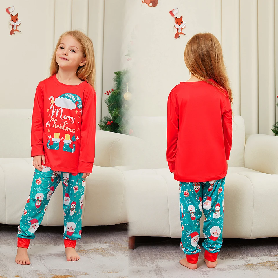 Fashion Cotton Family Matching Christmas Pajamas Santa Claus Father Mother Kids Baby Children's Letter Print T-shirt Pants Sets 5