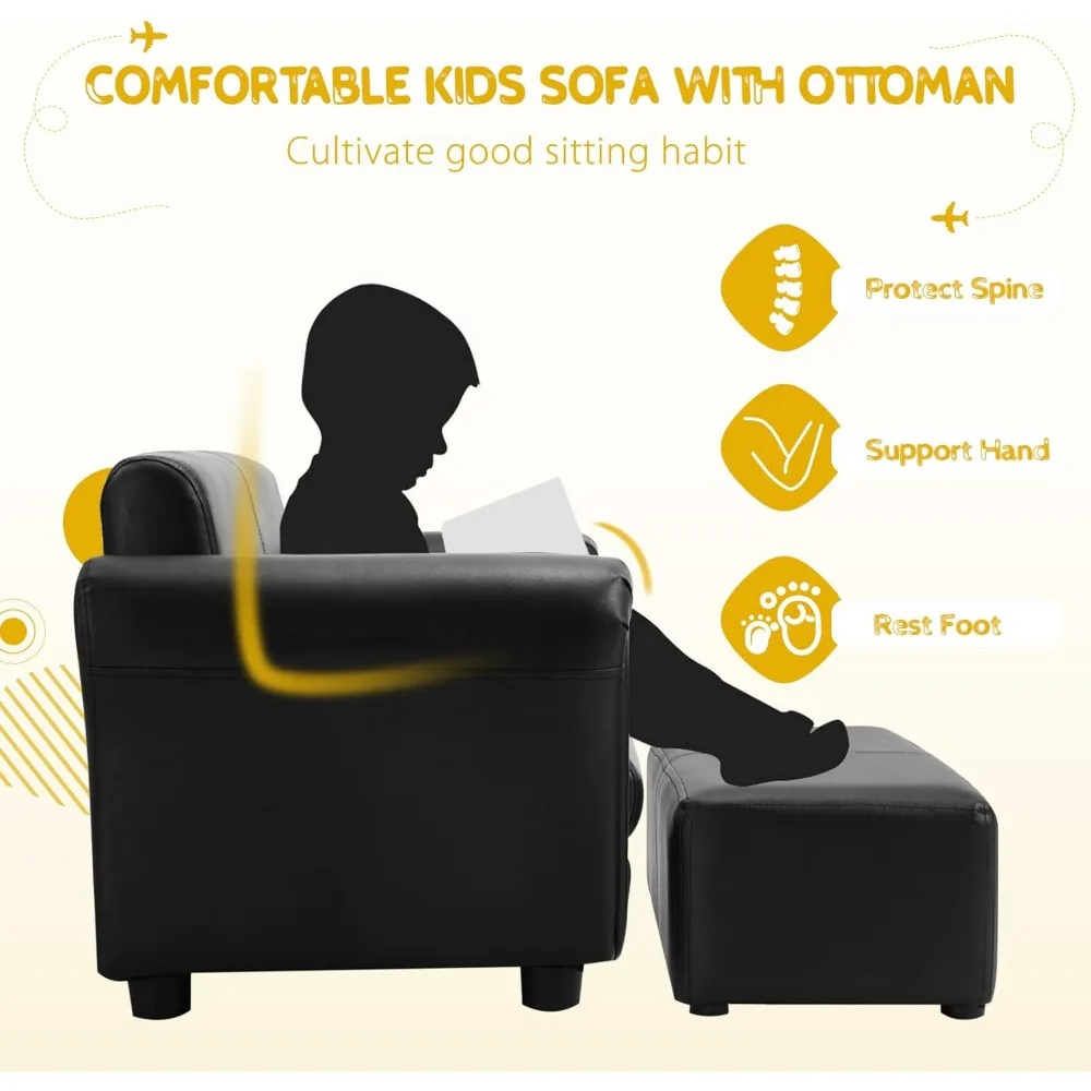 Kids Sofa, 2 Seat Toddler Couch Lounge Bed with Ottoman, Sturdy Wood Construction, Children PU Leather Upholstered Loveseat 4