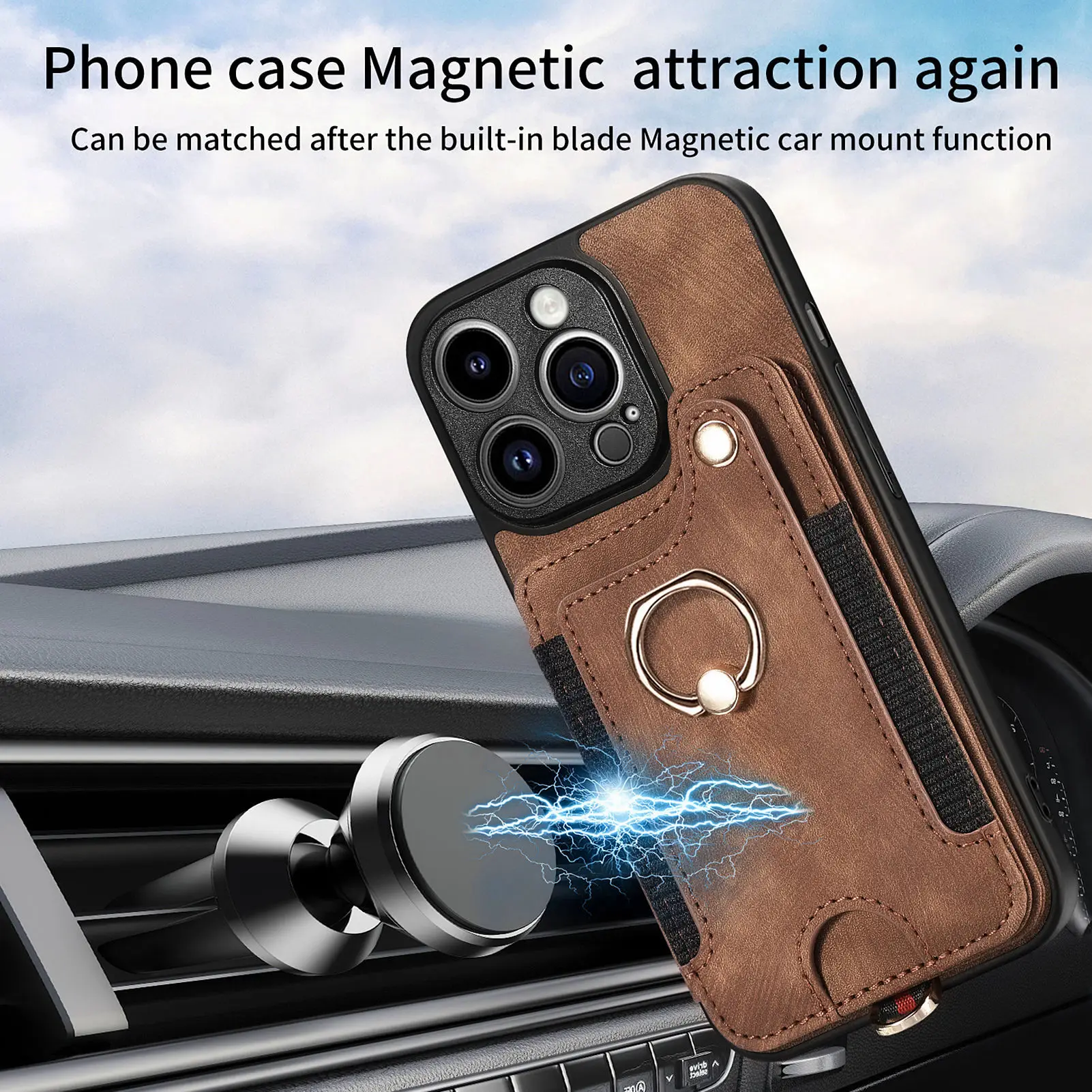 Leather Flip Wallet Case with Multi Card Slots and Ring Holder - Magnetic Stand Phone Cover