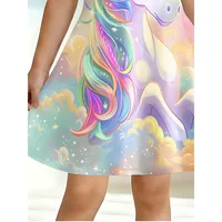 Robe T-shirt imprimée licorne arc-en-ciel pour fille, robe décontractée douce motif nuage bleu ciel pour fête d'enfants, idéale pour les cadeaux d'anniversaire 6