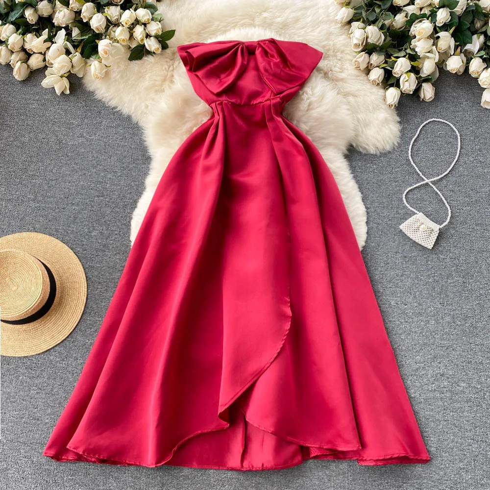 

One Word Neck Tube Top Dress French Retro Hepburn Style Backless Irregular Large Swing Small French Waist Dress