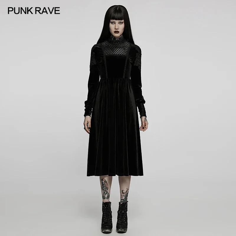 

PUNK RAVE Gothic Women Diamond Pattern Black Velvet Dress Lace Collar Appliques Sleeve Dresses Vintage Clothing Autumn/winter