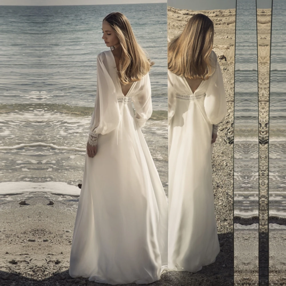 

Свадебные платья Qcenkeren с V-образным вырезом, длинным рукавом, кружевные шифоновые женские свадебные платья, вышитое платье, шифоновое платье