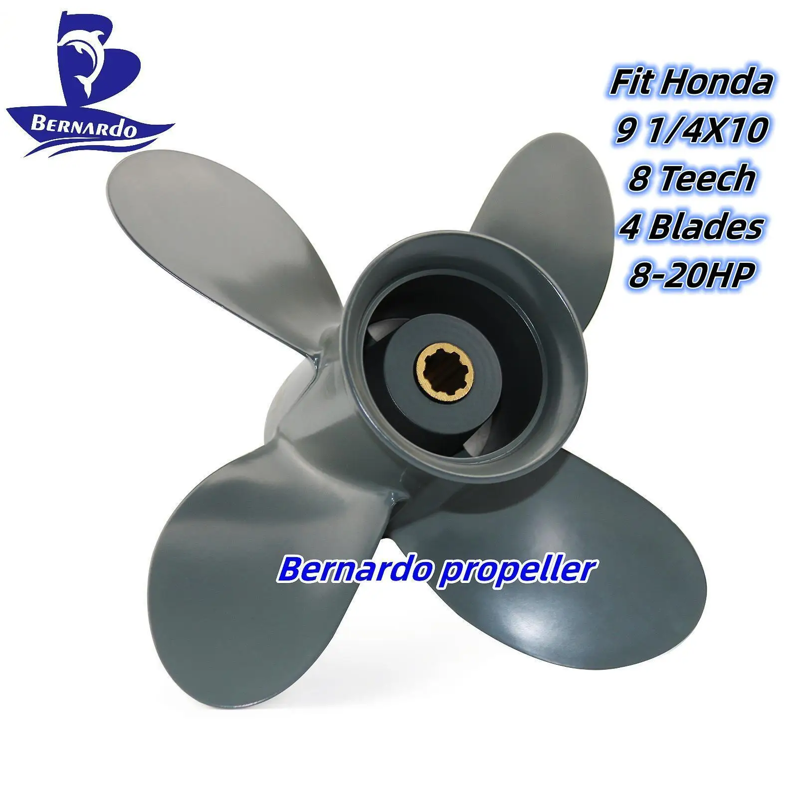 Bernardo Boat Propeller 9 1/4X10 Fit Honda Outboard Engine 8 9.9 15 20 HP Motor Aluminum Alloy Screw 4 Blades 8 Tooth Spline RH