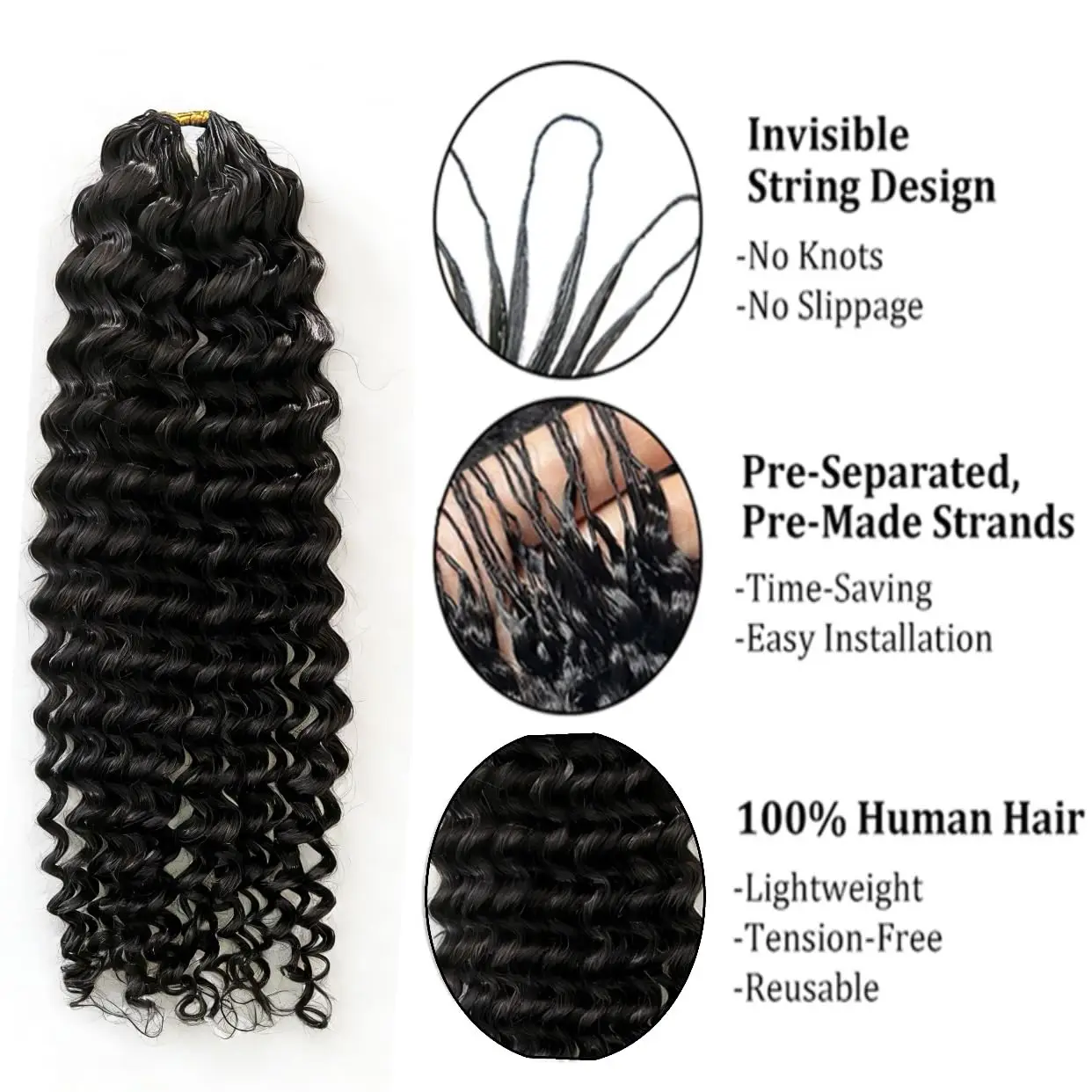 Deep Wave Knotless Pre-Separated Crochet Hair Extensions Human Hair Kinky Curly Crochet Feather Human Hair Extensions 100g/Pack 4
