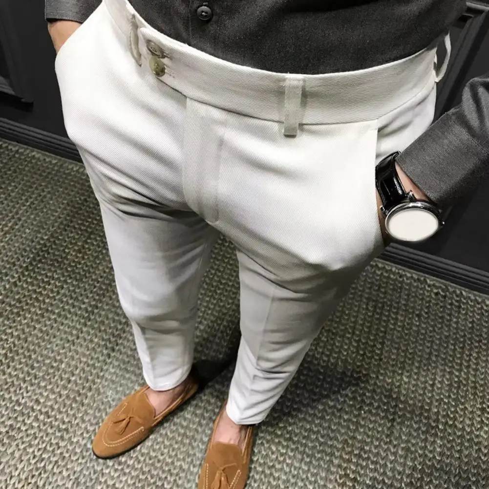 Men Blazer Pants Anti-wrinkle Mid Waist Men Ninth Pants Young Style Men Casual Ninth Suit Pants Pockets Business Long Trousers 4