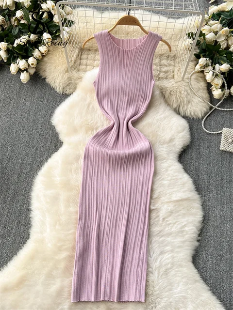 SINGREINY Women Sheath Long Dress O Neck Sleeveless Solid Pleated Knit Elastic Fashion Elegant Stiped Retro Sexy Bodycon Dress 2
