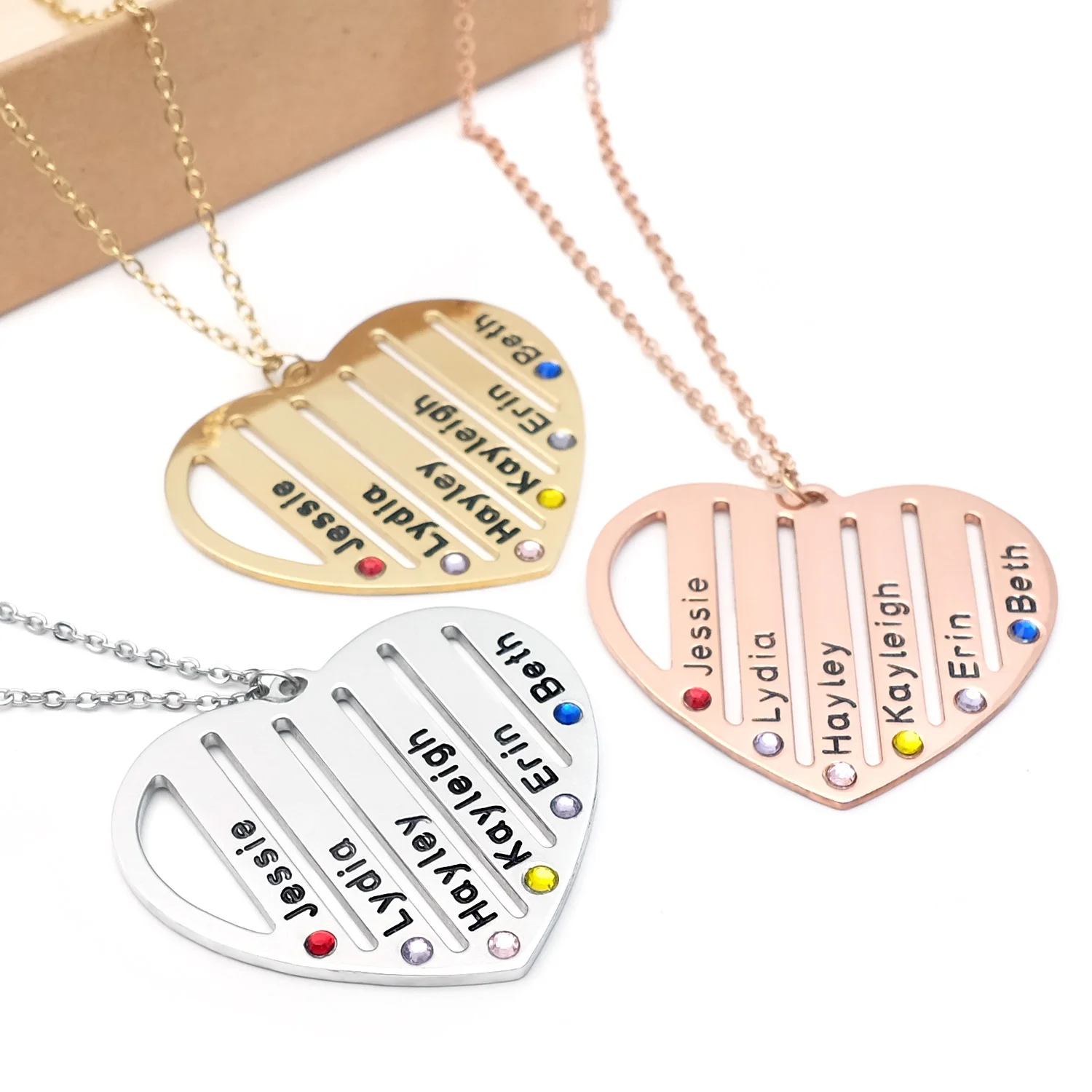 

Custom Family Names Necklace with Birthstones Personalized Heart Pendant Engraved Names Necklace Mother's Day Gift For Grandma