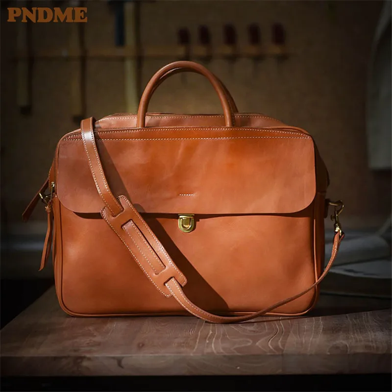 Fashion vintage genuine leather men's women's briefcase business casual luxury natural real cowhide handbag lawyer messenger bag