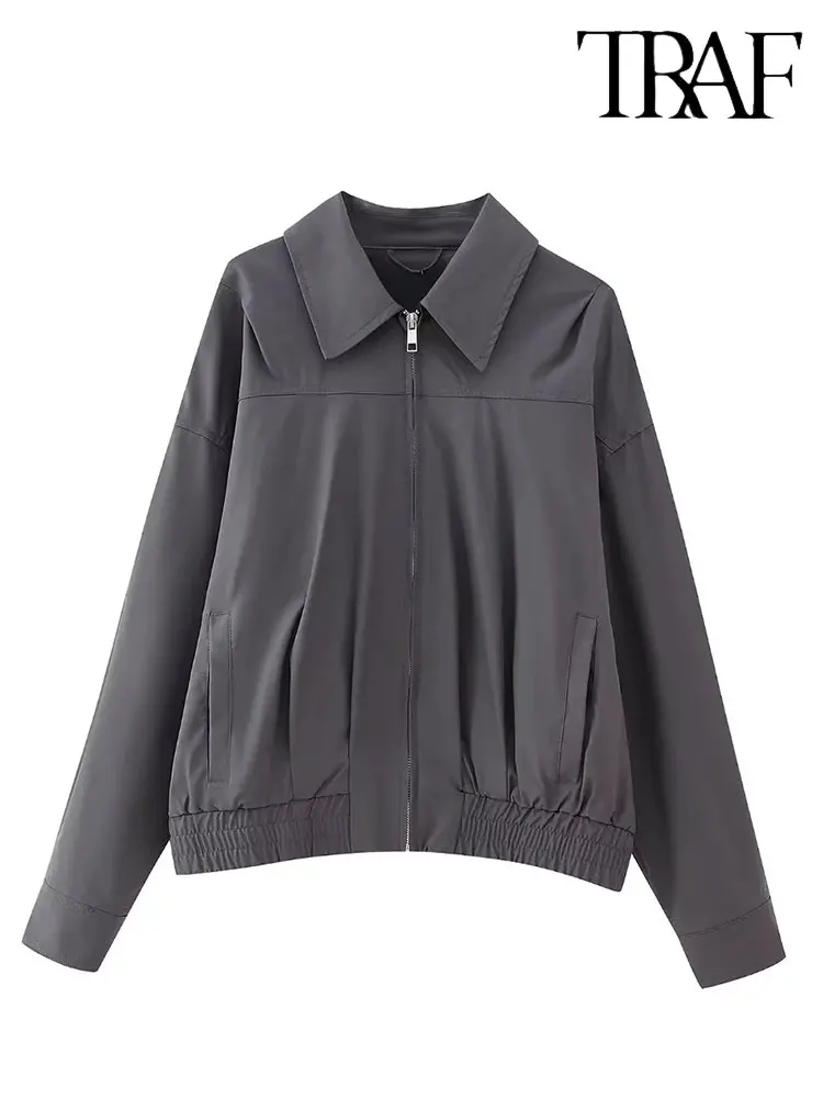 

TRAF 2023 Autumn Women Loose Bomber Jacket Long Sleeve Elastic Hem Zipper Oversize Coat Female Top Outwear Grey Y2K
