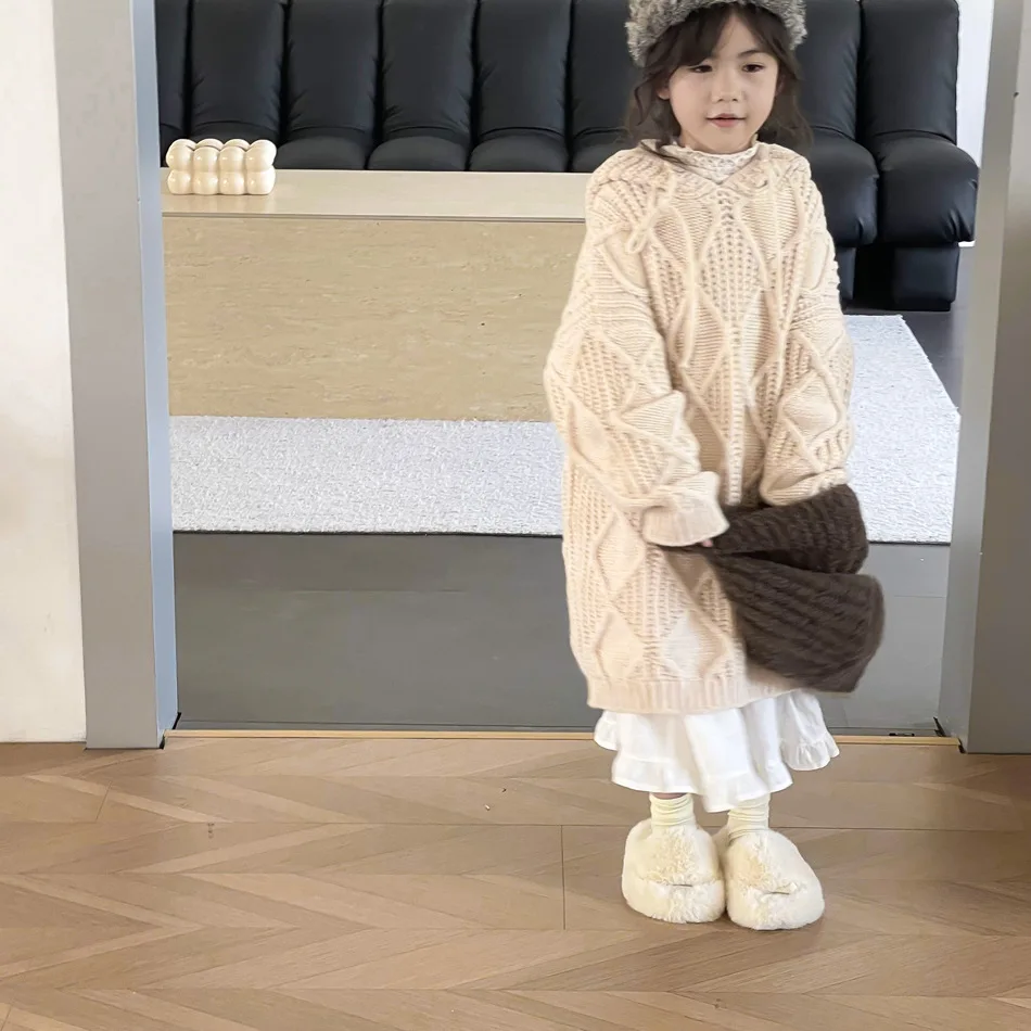 

Детское шерстяное платье средней длины, свободное приталенное платье принцессы для девочек в стиле ретро, свитеры, Детский свитер, 2023