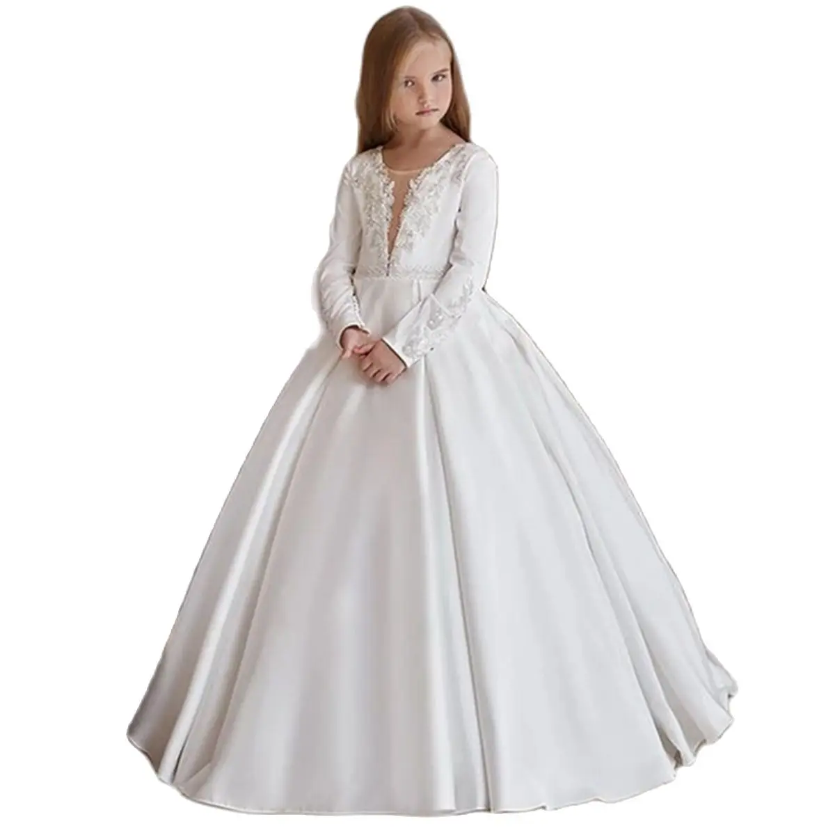 

White A-Line Luxury -Neck Applique Flower Girl Dresses Kid Wedding Embroidery Party Floor Long Sleeves