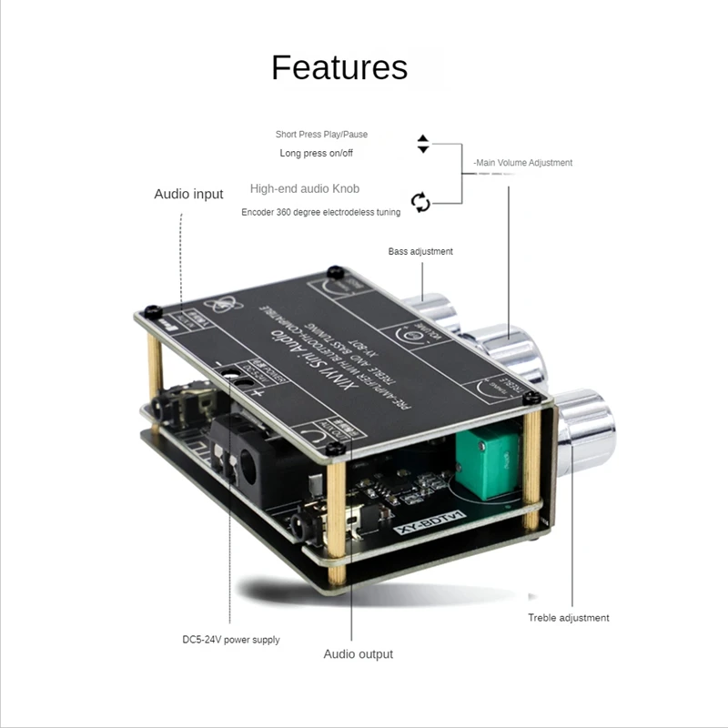 XY-BDT BT5.1 디코딩 보드, 듀얼 채널 스테레오 하이 및 로우 피치 프론트 모듈, 360 ° 스텝리스 믹서 DC5-24V, 20HZ-20kHz