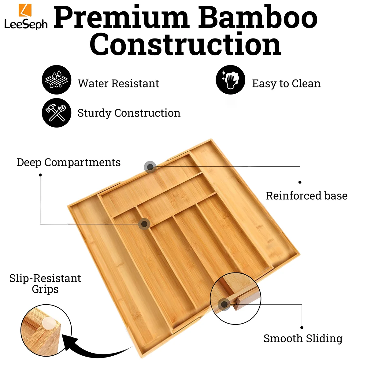 Bamboo Drawer Organizer Expandable and Adjustable Utensil Drawer Organizer Utensils Cutlery Silverware Flatware Knives cutlery organizer flatware organizer silverware organizer