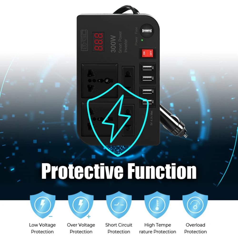 Overload Protection ON/OFF Switch 4 AC Sockets DC 12V to AC 220V Converter Outlets Car Inverter 4 USB Ports 300W Power Adapter vehicle inverter car converter inverter car inverter car power converter power inverter