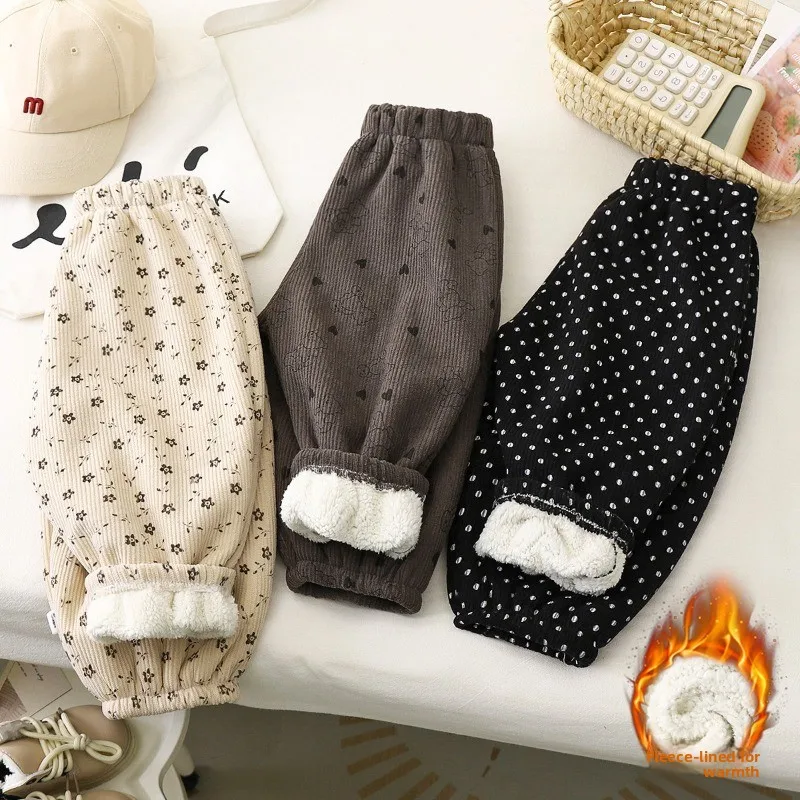 Children's Padded and Thickened Trousers Girls and Boys Winter Warm Pants Kids Casual Floral Cute Loose Trousers Kids Warm Pants