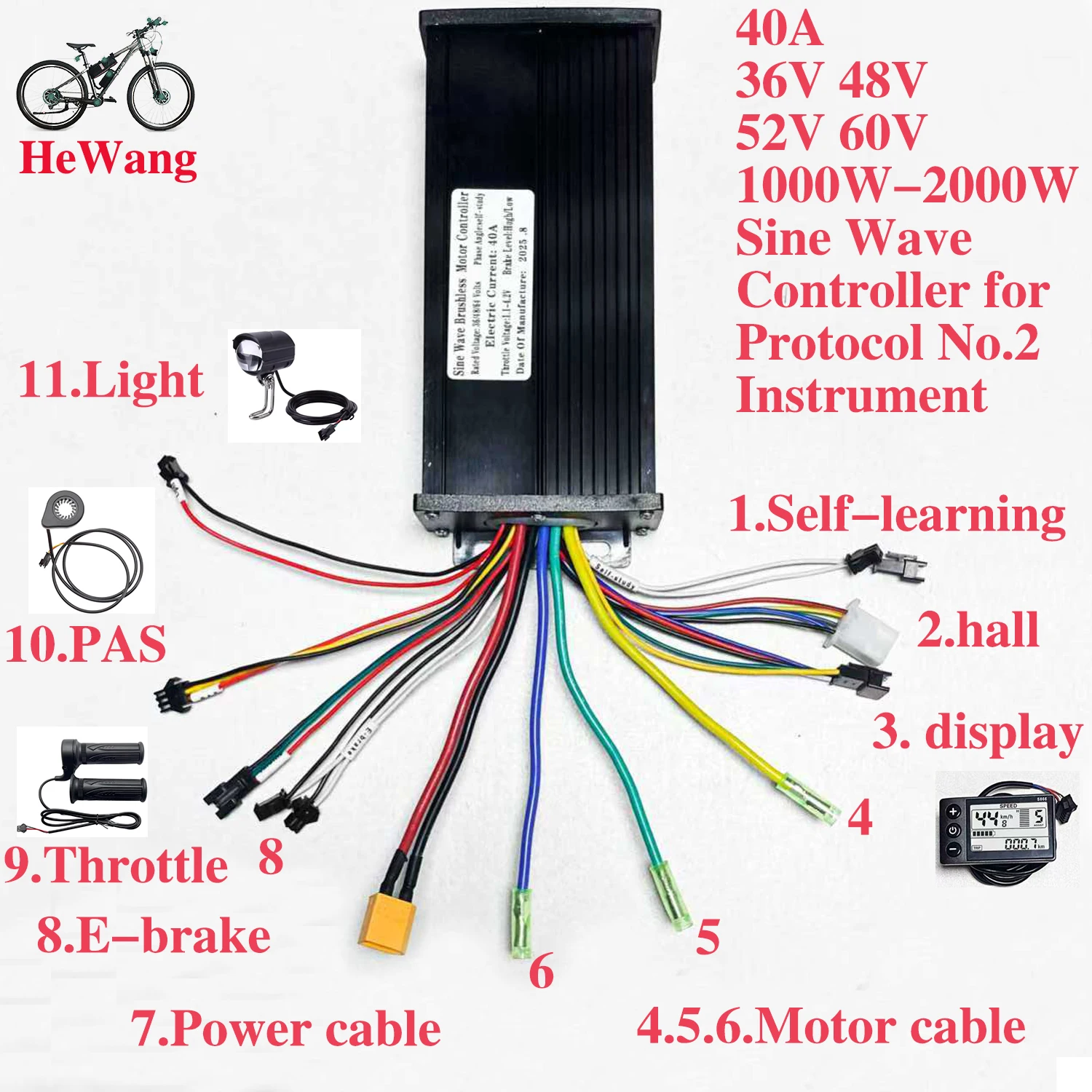 36V 48V 52V 60V 40A 2000W E-bike Brushless Motor sine wave Controller With S866