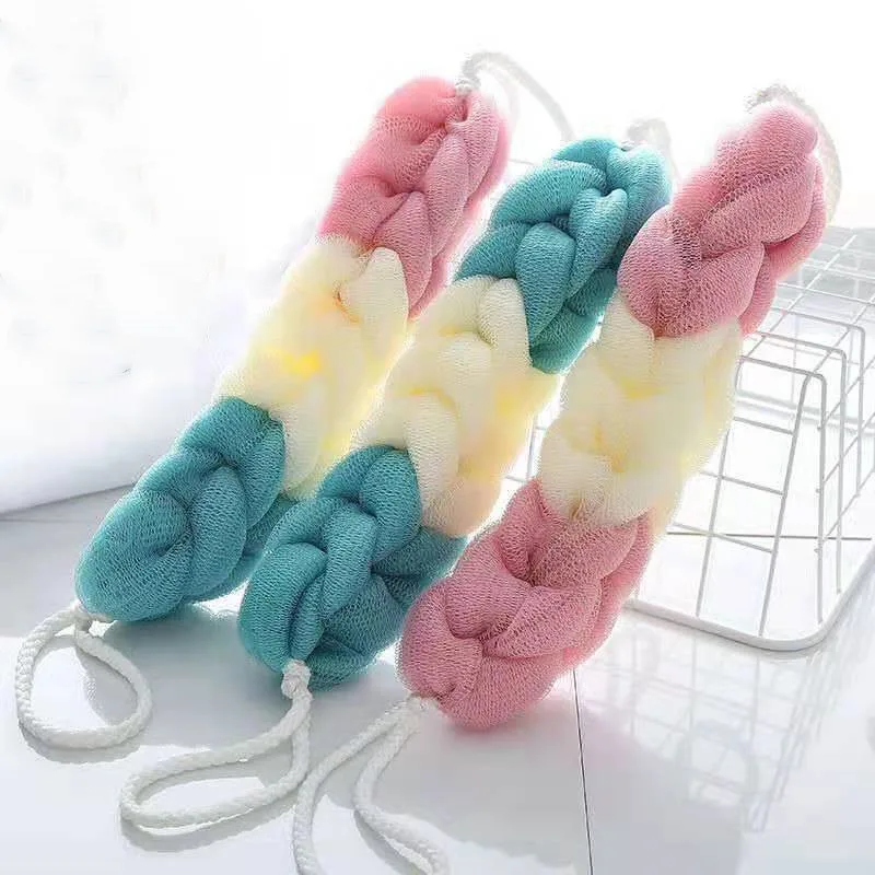

Colored 70g large shower flower long strip scrub bath towel with back pulling, bubble forming fine mesh bath wipe
