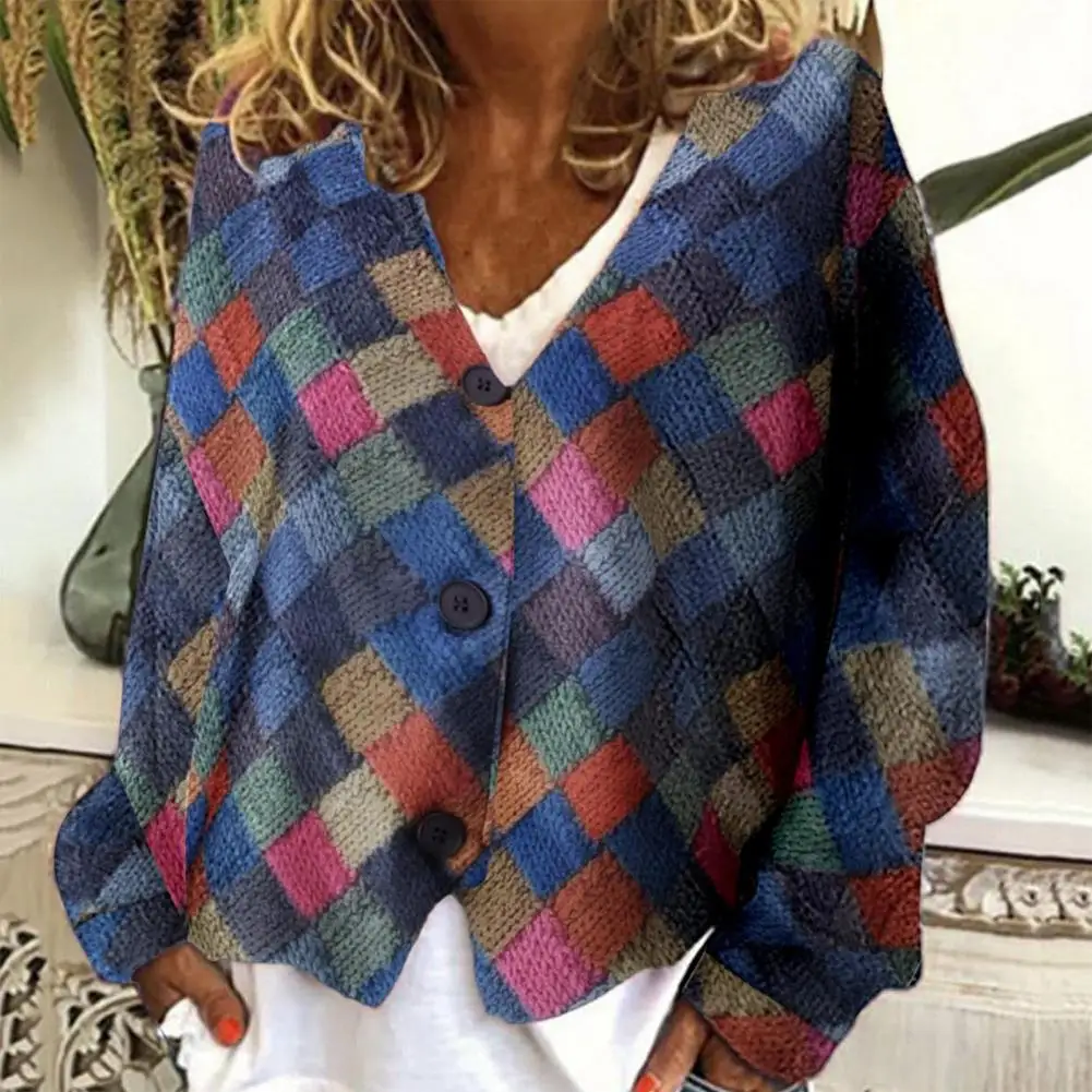 

Single-breasted Placket Coat Stylish Women's V-neck Plaid Patchwork Coat Trendy Geometric Pattern Loose Fit Outerwear for Spring