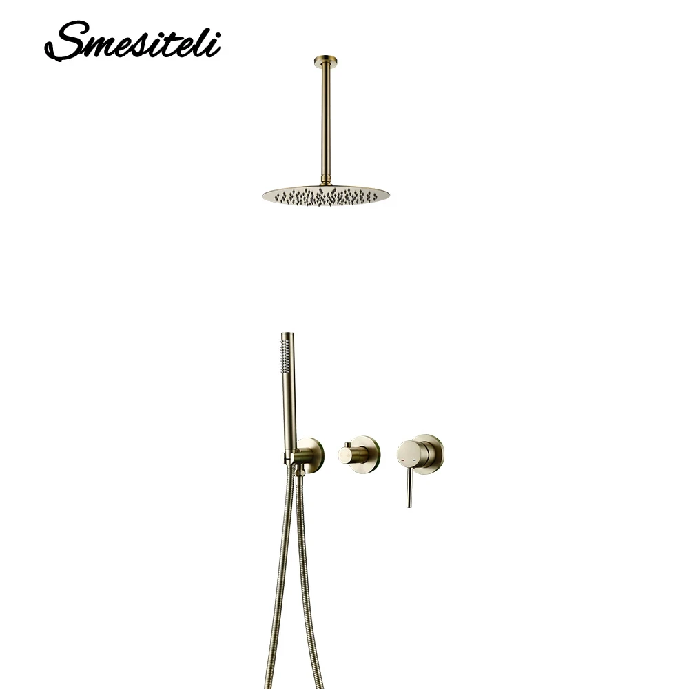 Brushed Gold Shower Faucet 8-16 Inch Shower Head Recessed Box Wall Mount Shower Tap Ceiling Arm Hot Cold Shower Mixer