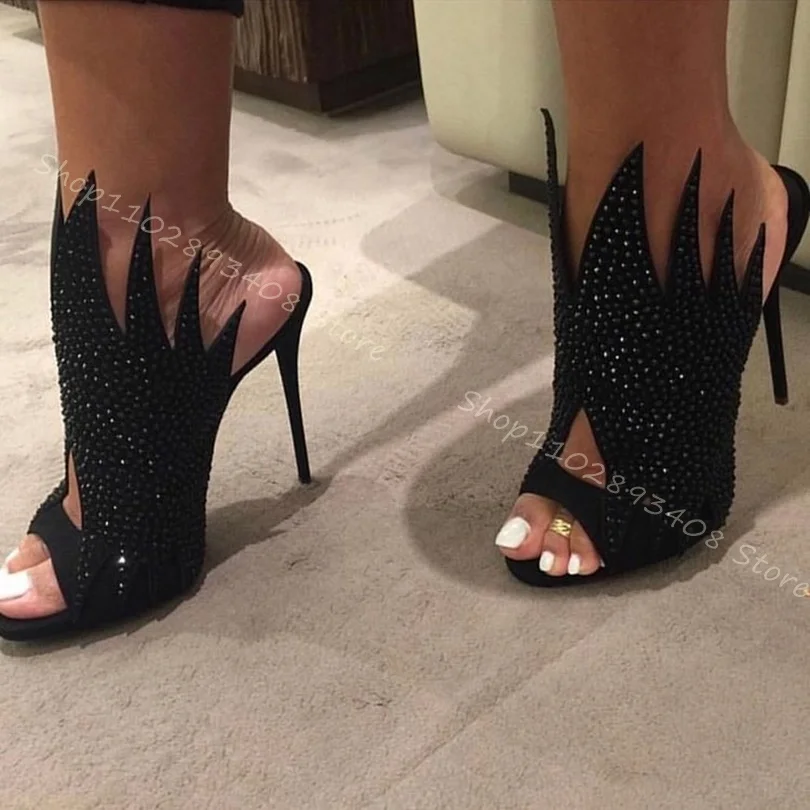 

Black Rhinestone Strange Design Sandals Peep Toe Stiletto High Heels Slip on Fashion Women Summer Shoes 2023 Zapatos Para Mujere