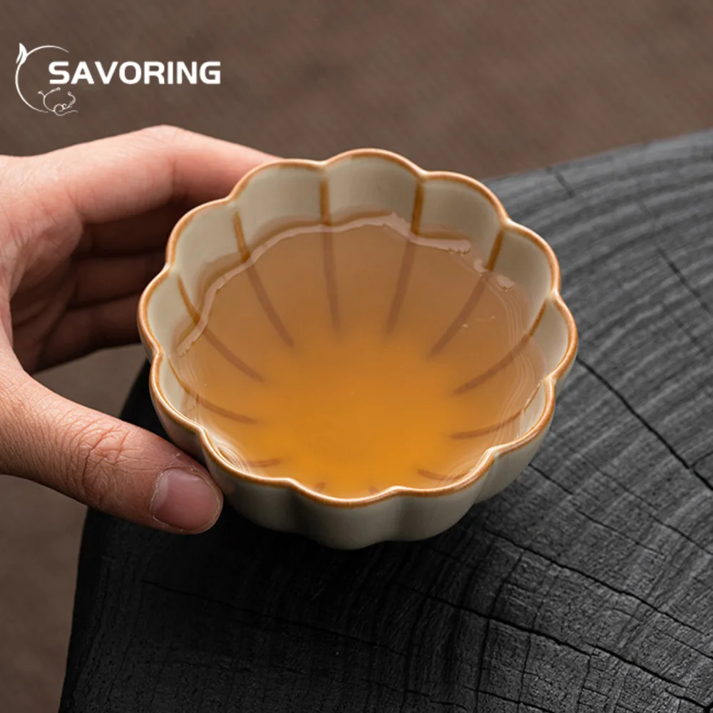 Retro Ru Kiln Porcelain Teacup Creative Opening Tea Bowl Beautiful Petal Tea Cup Smelling Cup Master Cups Tableware Decoration