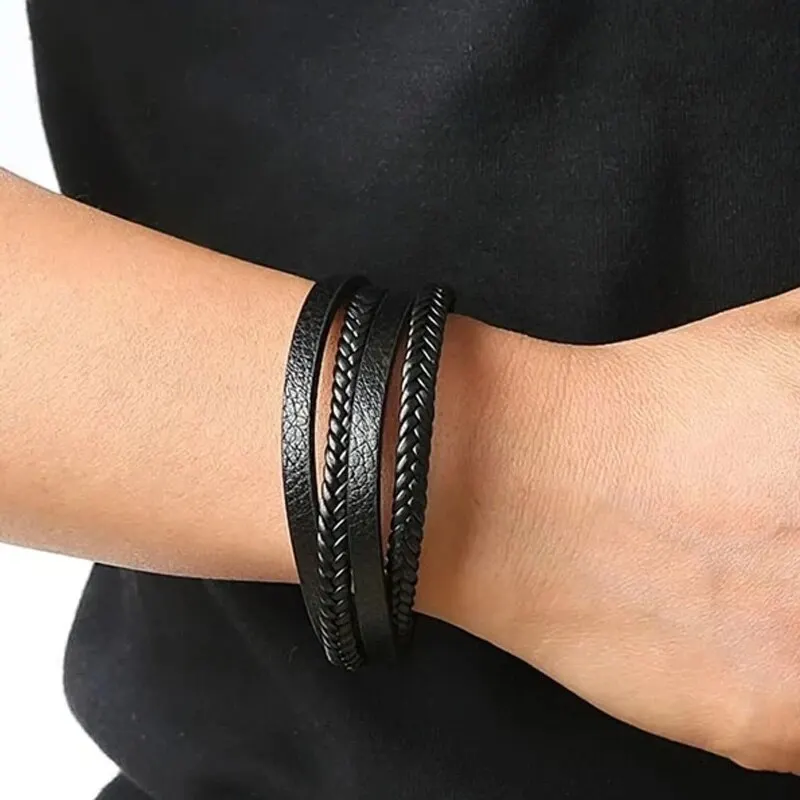 Stylish Multilayer Braided Leather & Stainless Steel Men's Bracelet