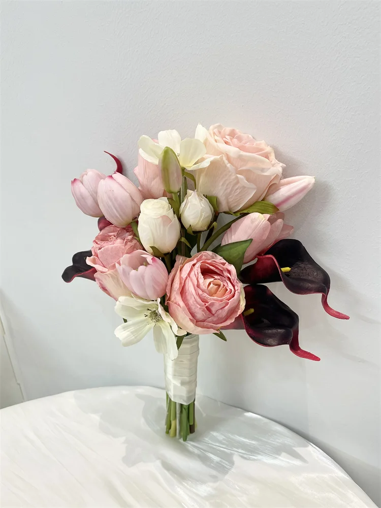 NEW Pink Real Touch Roses Forest series wedding props, simulation holding flowers, rural Wedding Bride Bouquet ramo de boda