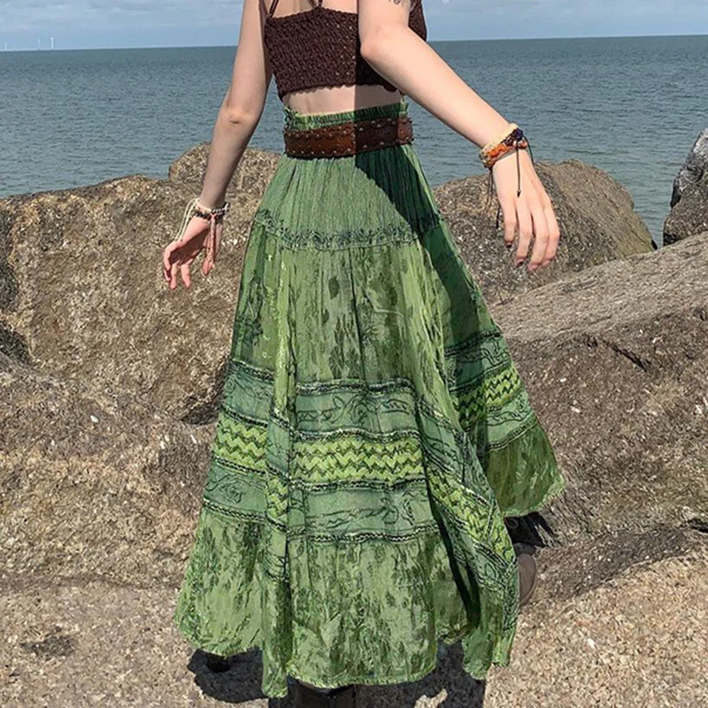 brown skirt Spring Boho Slim Fashion Sexy High Waist Elastic Waist Women Casual Vintage Long Skirt A-line Skirts Bohemia Skirt Midi Skirt nike tennis skirt