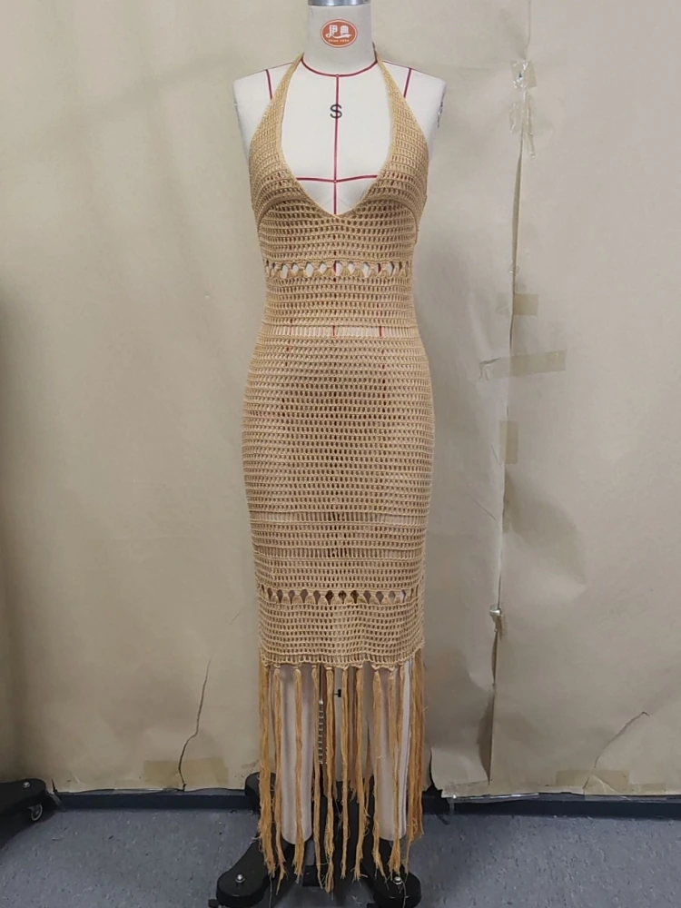 Sexy Women Knit Beach Dress Hollow-Out V-Neck Sleeveless Bikini Cover-Ups Dress Holiday Dress 2026 Summer Swimwear Beach 1