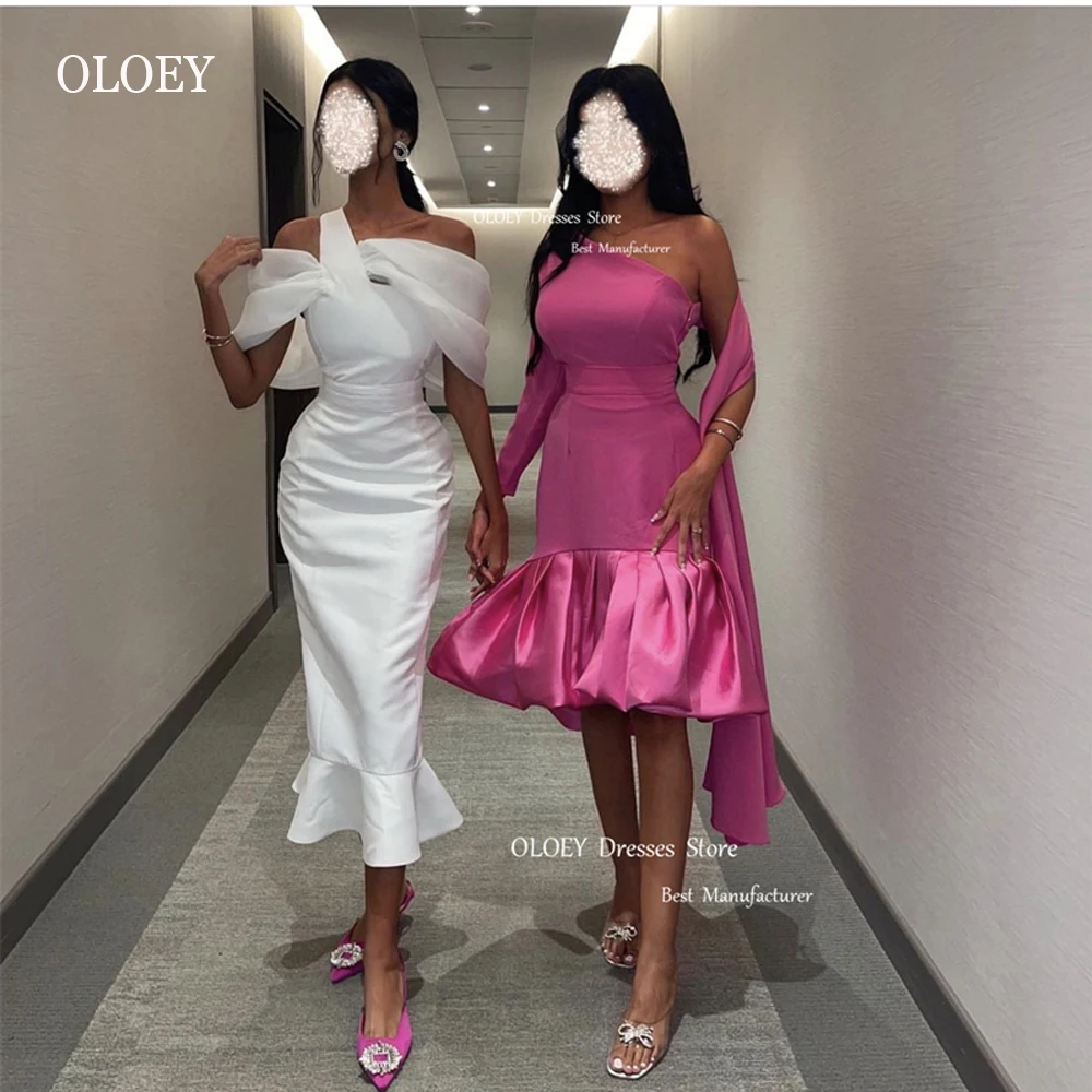 

OLOEY Elegant White Mermaid Prom Dresses Saudi Arabic One Shoulder Tea Length Blush Evening Gowns Formal Party Dress Cocktail