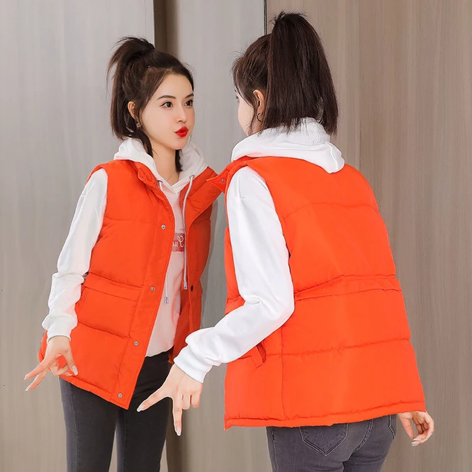 2021 Autumn Winter Women Solid Loose Vest  Stand Collar Long Vest Jacket Cotton Padded Women Windproof Warm Waistcoat Orange ladies long puffer coat