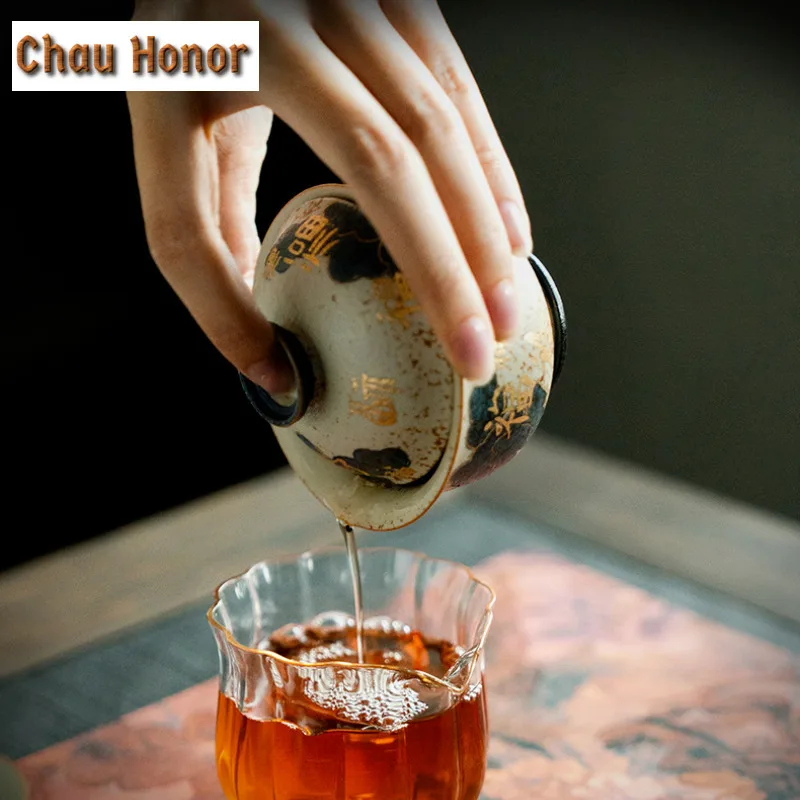 100ml Blue And White Flint Red Gaiwan Handmade Gold Drawing Auspicious Clouds Tea Tureen Tea Making Cover Bowl Cafes Decoration