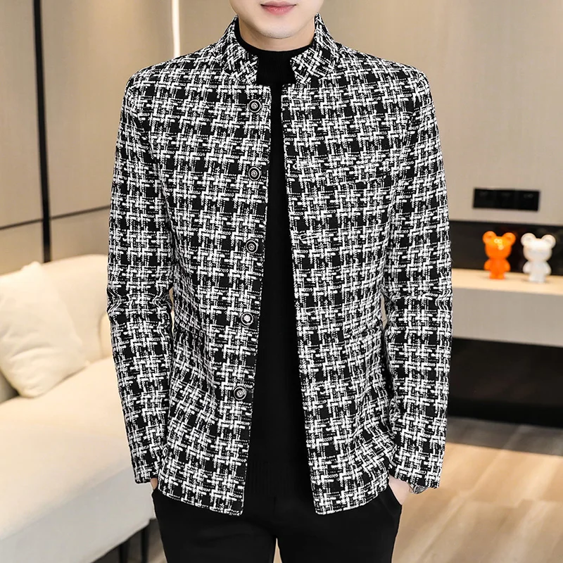 

High Quality Blazer Men's Houndstooth British Style Business Casual Elegant Fashion Advanced Simple Gentleman Slim Suit Jacket
