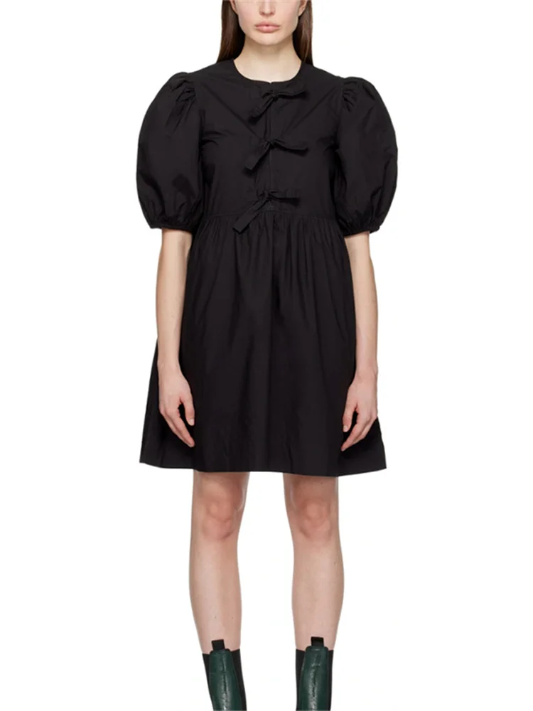 

Bow Tie Decoration Dress Women 100% Cotton Puff Sleeve Solid Color Simple Loose Spring Summer 2024 New Ladies O-Neck Mini Robe