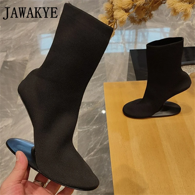 

2023 Autumn Elastic Knitted Strange High Heel Sock Boots For Women Round Toe Slip On Ankle Boots Designer Sexy Short Botas Mujer