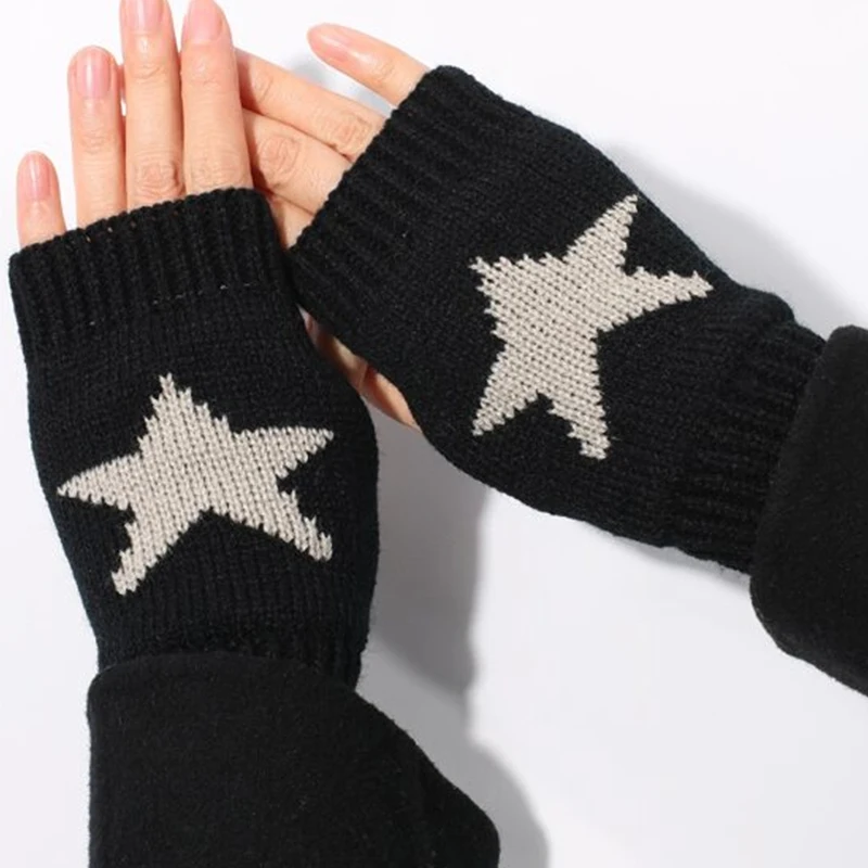 Winter Touchscreen Knitted Gloves Women's Men's Star Print Warm Wool Stretch Knit Mittens Imitation Wool Half Finger Fingerless