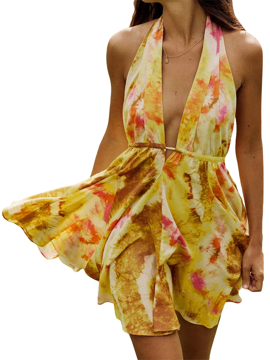 

Women Casual Tie-dye Print Halter Mini Dress Summer Fashion Sleeveless Backless A-line Dress Evening Beach Party Dresses