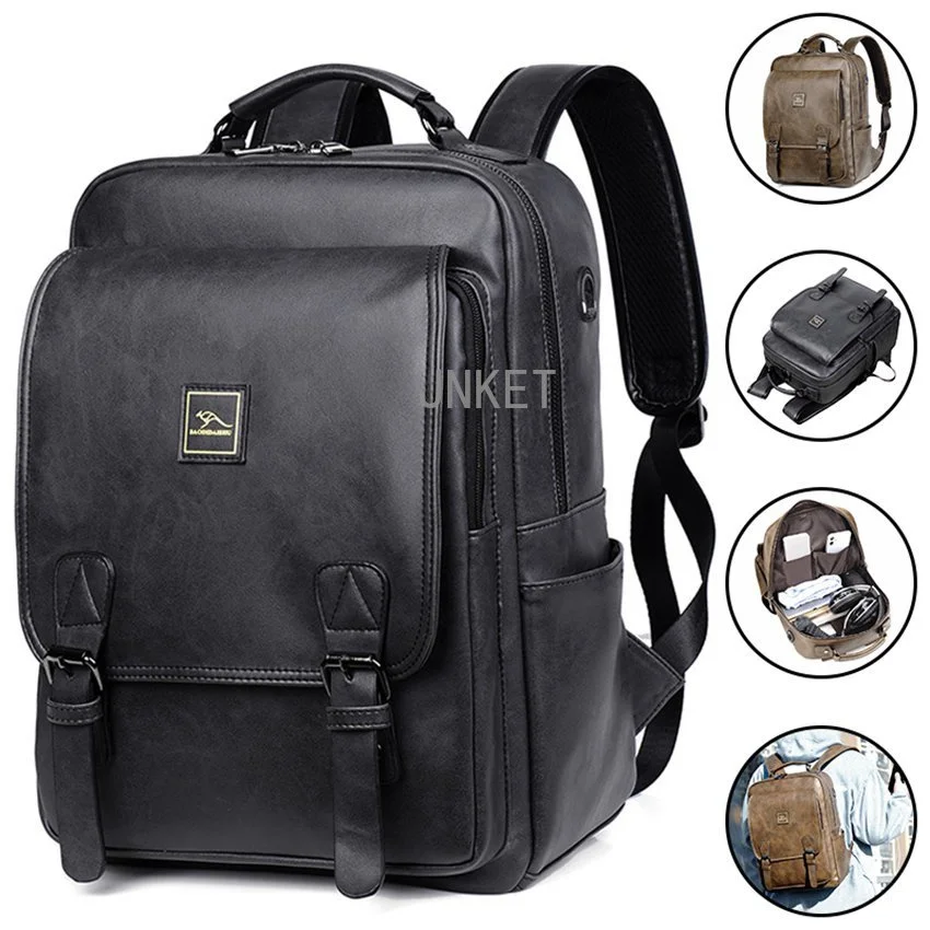 Fashion Men PU Leather Backpacks USB Charging Pack Casual Laptop Bag Large Capacity Travel Backpacks