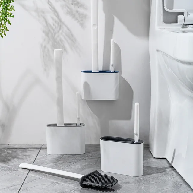 Porte-brosse de WC en silicone à long manche, séchage rapide, poils souples, accessoires ménagers 3