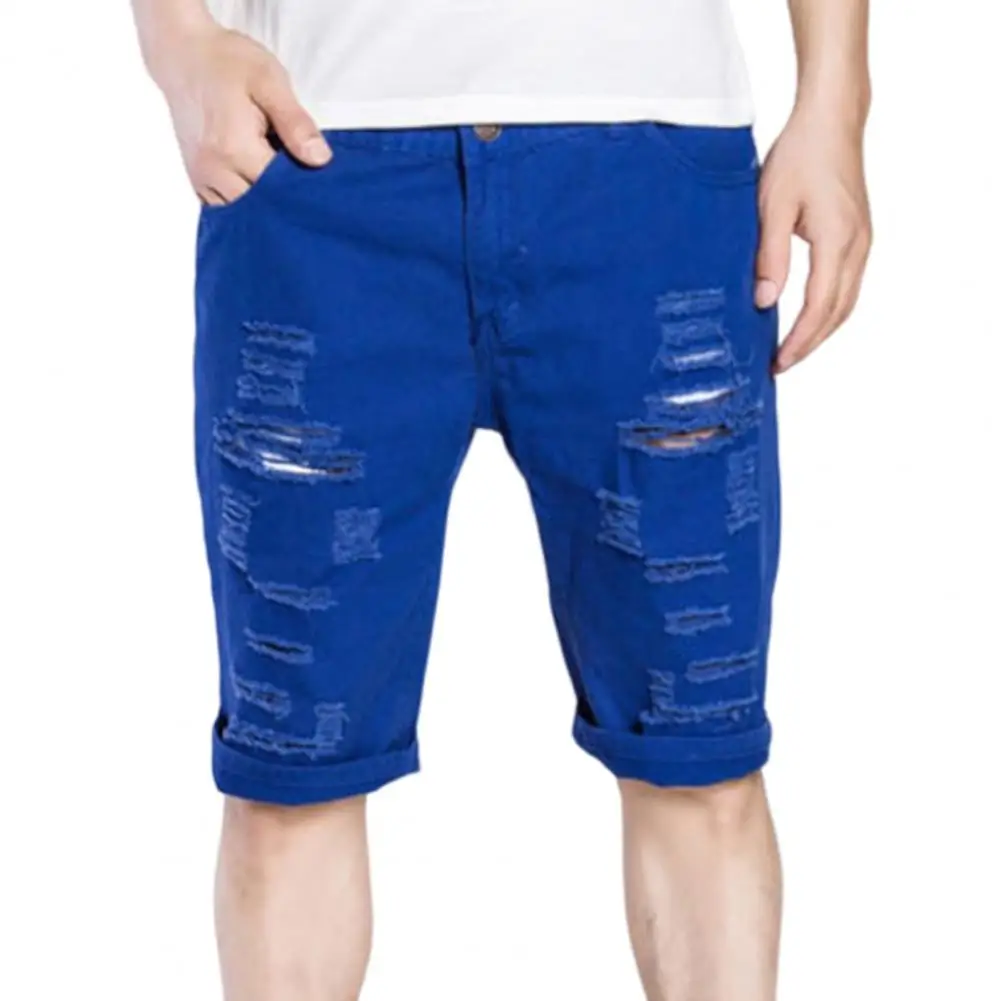 New Denim Shorts Men Knee Length Fashion Jeans Casual Hole Slim Male Short Pants Streetwear