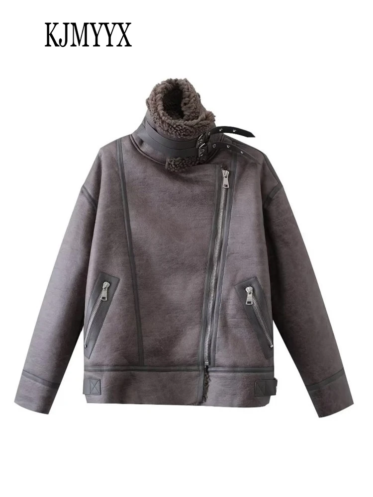 

KJMYYX Thick and Warm Faux Leather Jacket Coat Women's Vintage Long Sleevee Jacket 2023 Winter Women Fashion Streetwear Tops