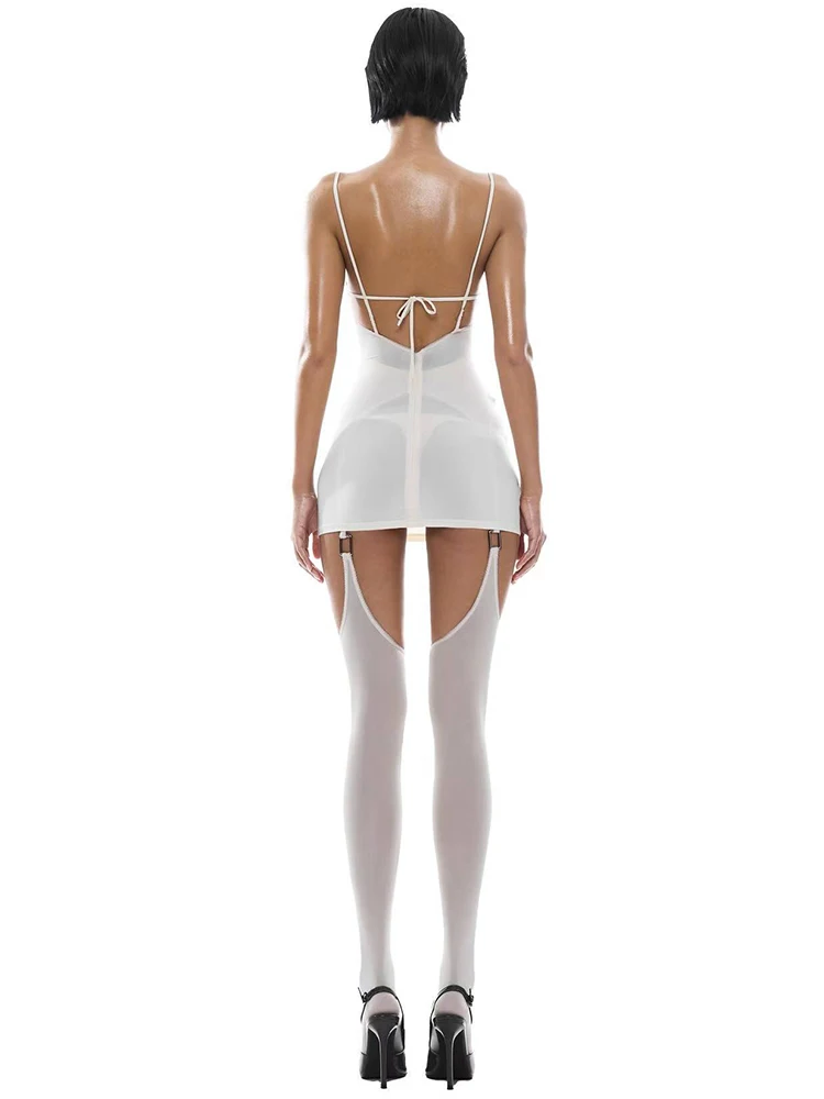 Nibber Classic Dress+Pantyhose 2 Piece Set Women Bandages Backless Sleeveless Bodycon+Metal Buckle Stockings Sexy Streetwear