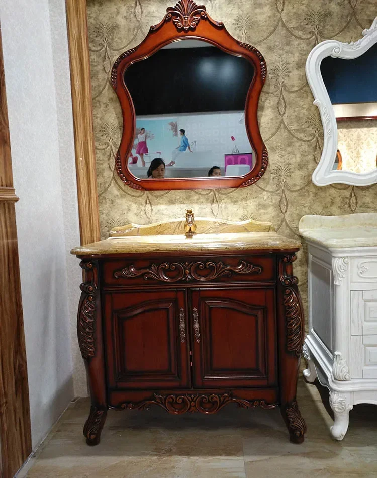 ~Bathroom Cabinet Oak Floor-Standing Bathroom Cabinet Washstand Marble Washbasin Antique Bathroom